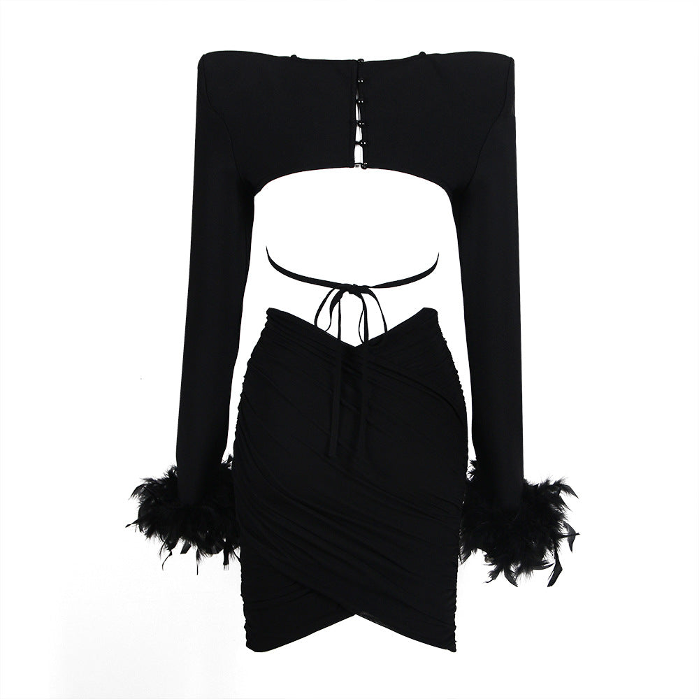 Open-back Feather Long-sleeved Merry  Dress