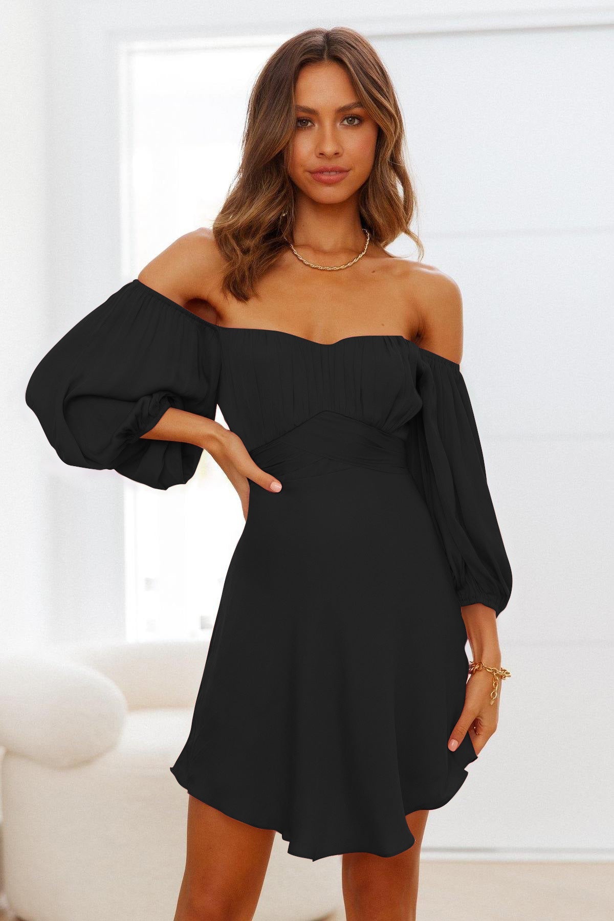 Feminine One Line Collar Lantern Sleeve Dress