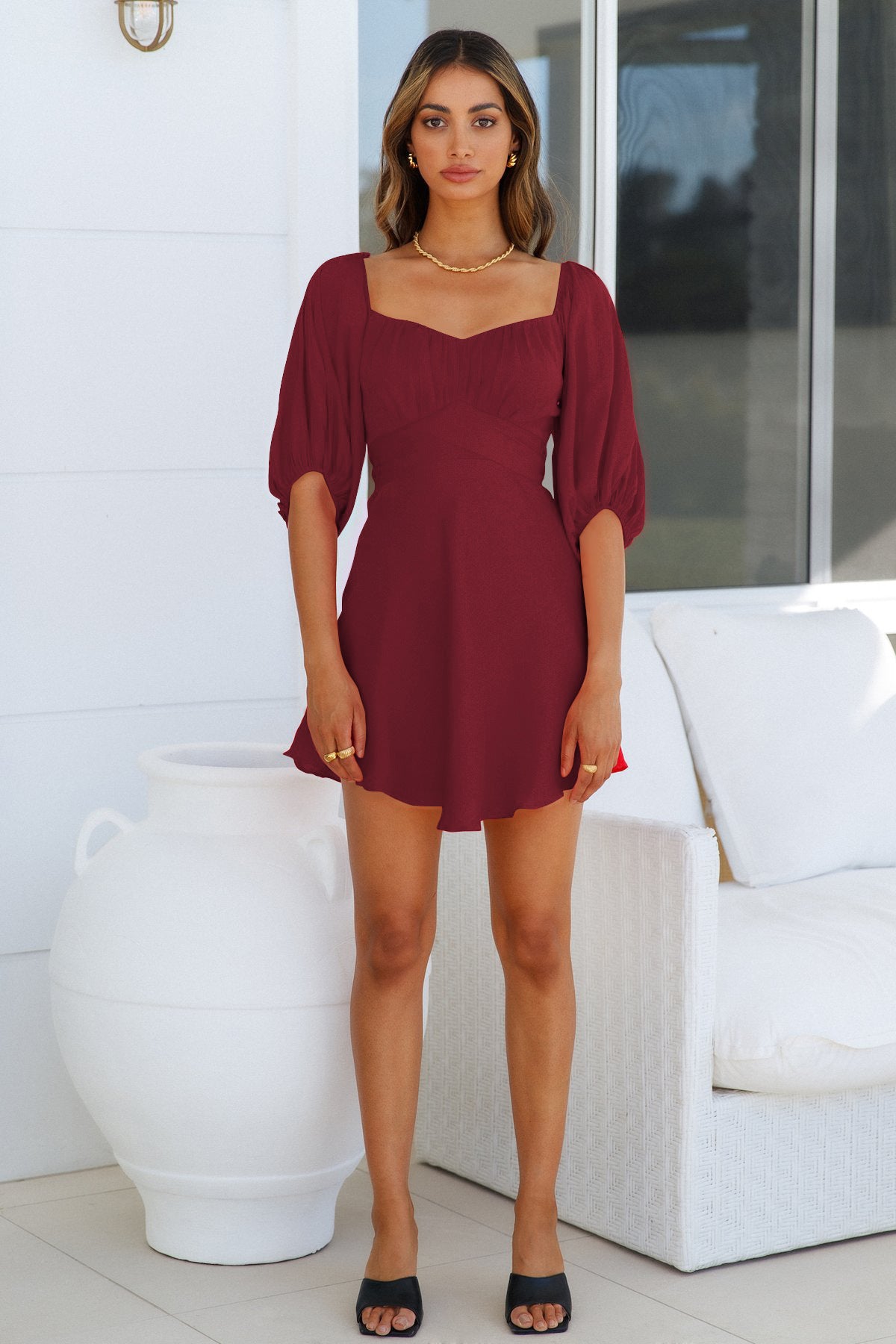 Feminine One Line Collar Lantern Sleeve Dress