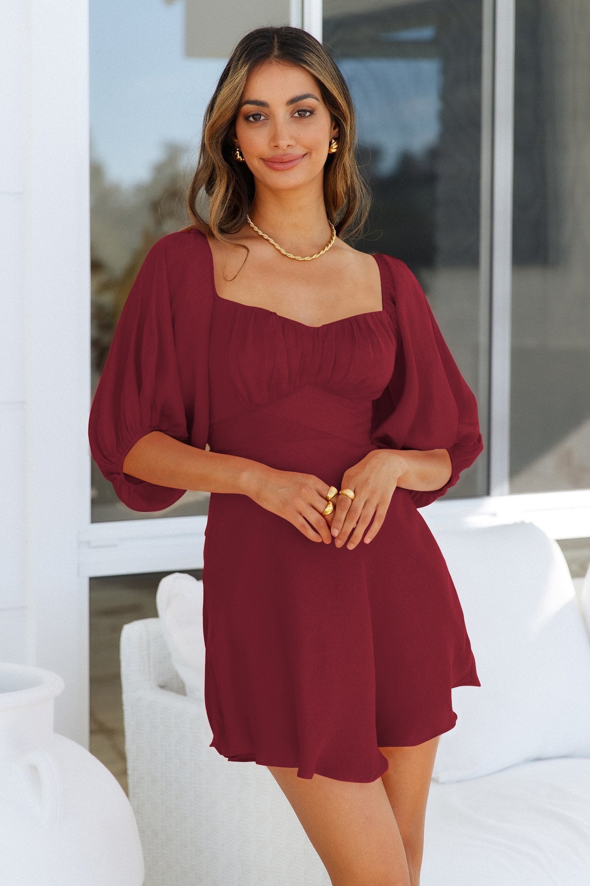 Feminine One Line Collar Lantern Sleeve Dress