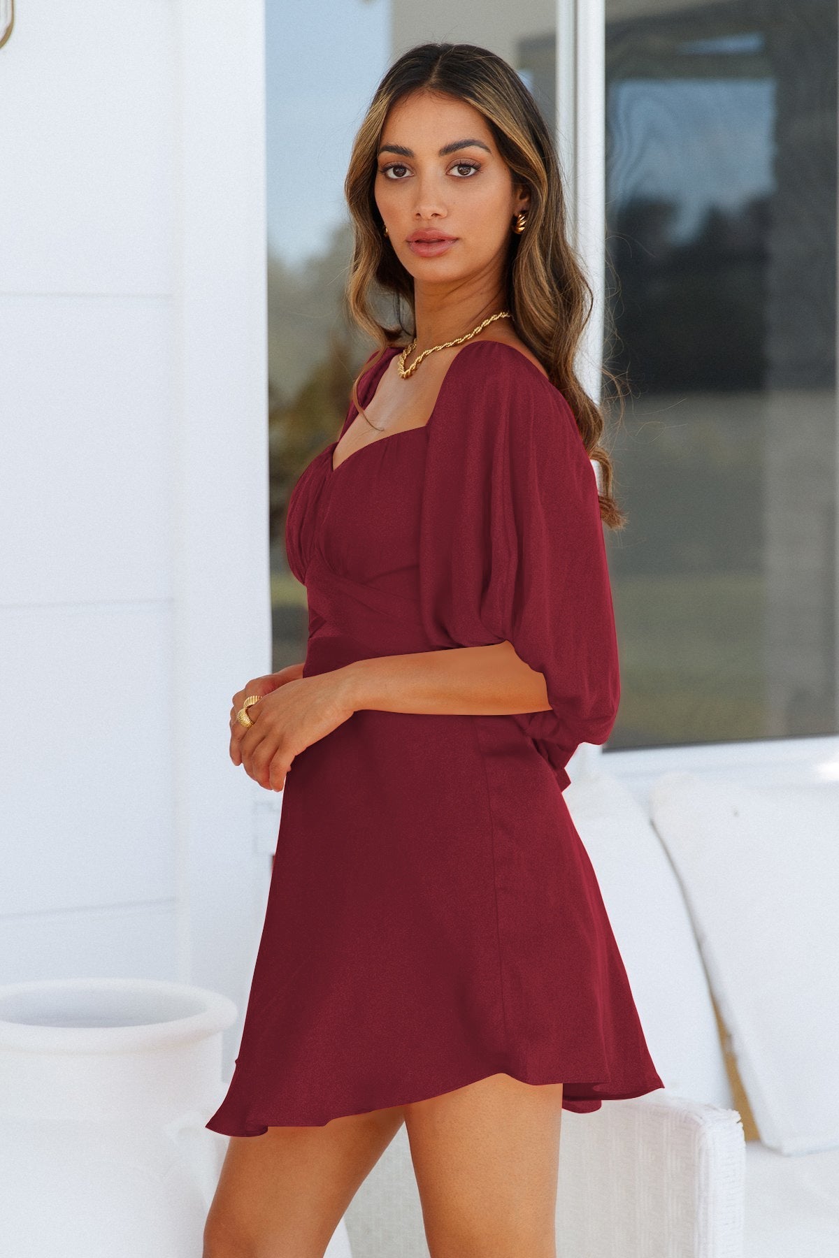 Feminine One Line Collar Lantern Sleeve Dress