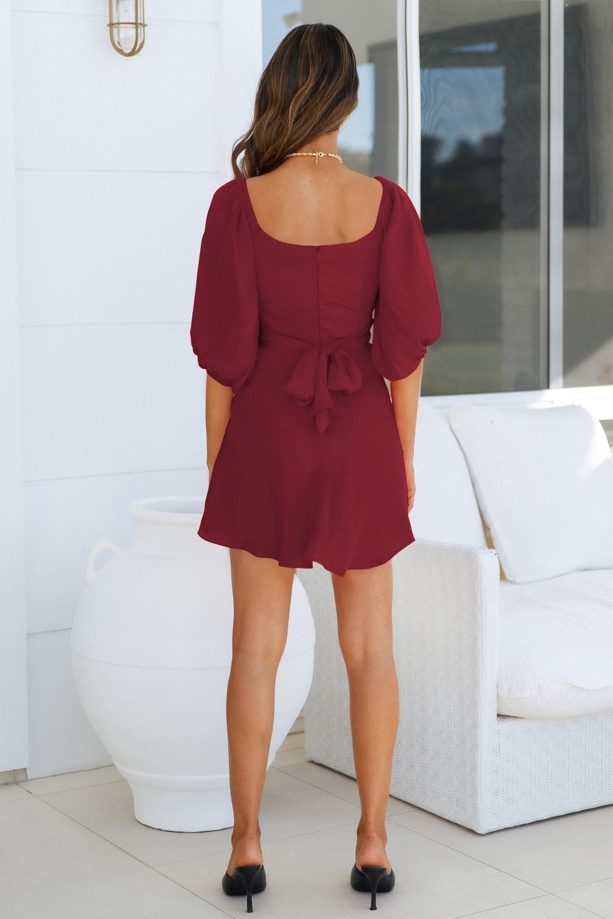 Feminine One Line Collar Lantern Sleeve Dress