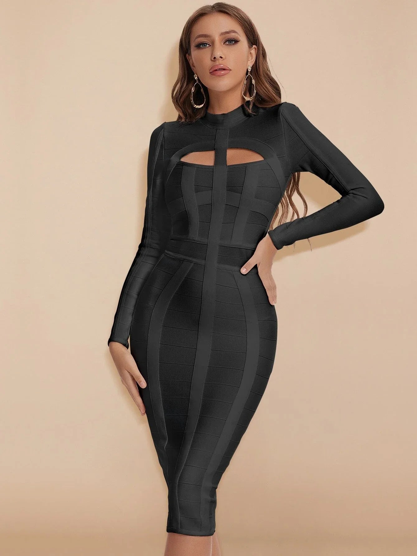 Cut-Out Long Sleeves Party Bandage Clubwear Midi Dress