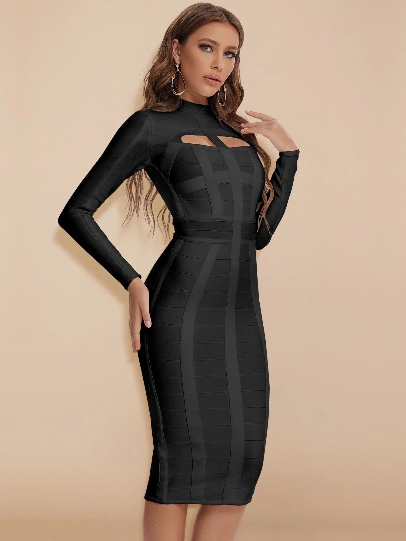 Cut-Out Long Sleeves Party Bandage Clubwear Midi Dress