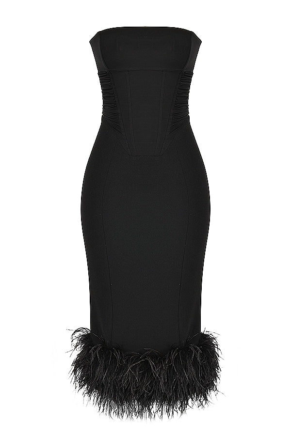 FUR BLACK STRAPLESS CORSET DRESS