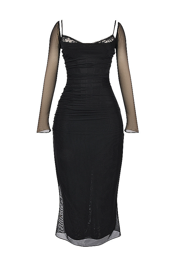 Mesh Stitching Lace Mid-length Dress-Pink