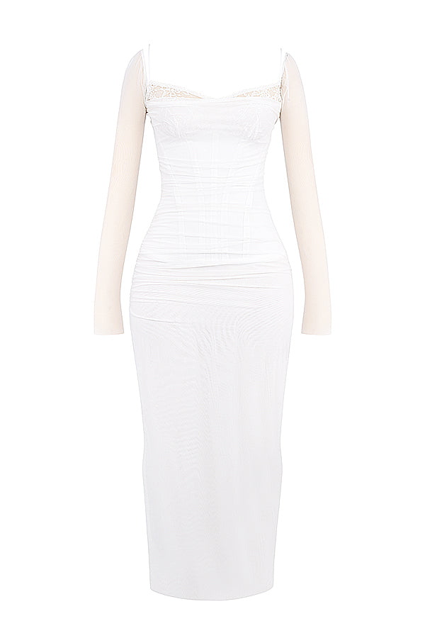 Mesh Stitching Lace Mid-length Dress-Pink