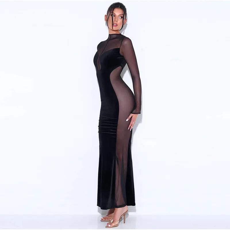 Velvet Mesh Splicing Long-sleeved Dress