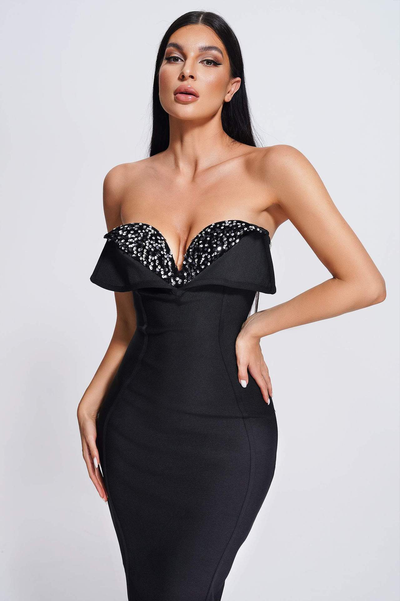 Alyia Low Cut Strapless Black Bandage Dress