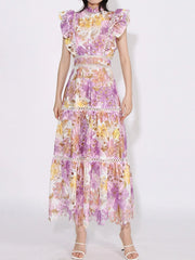 Ruffled Hollow Out Tiered Midi Dress