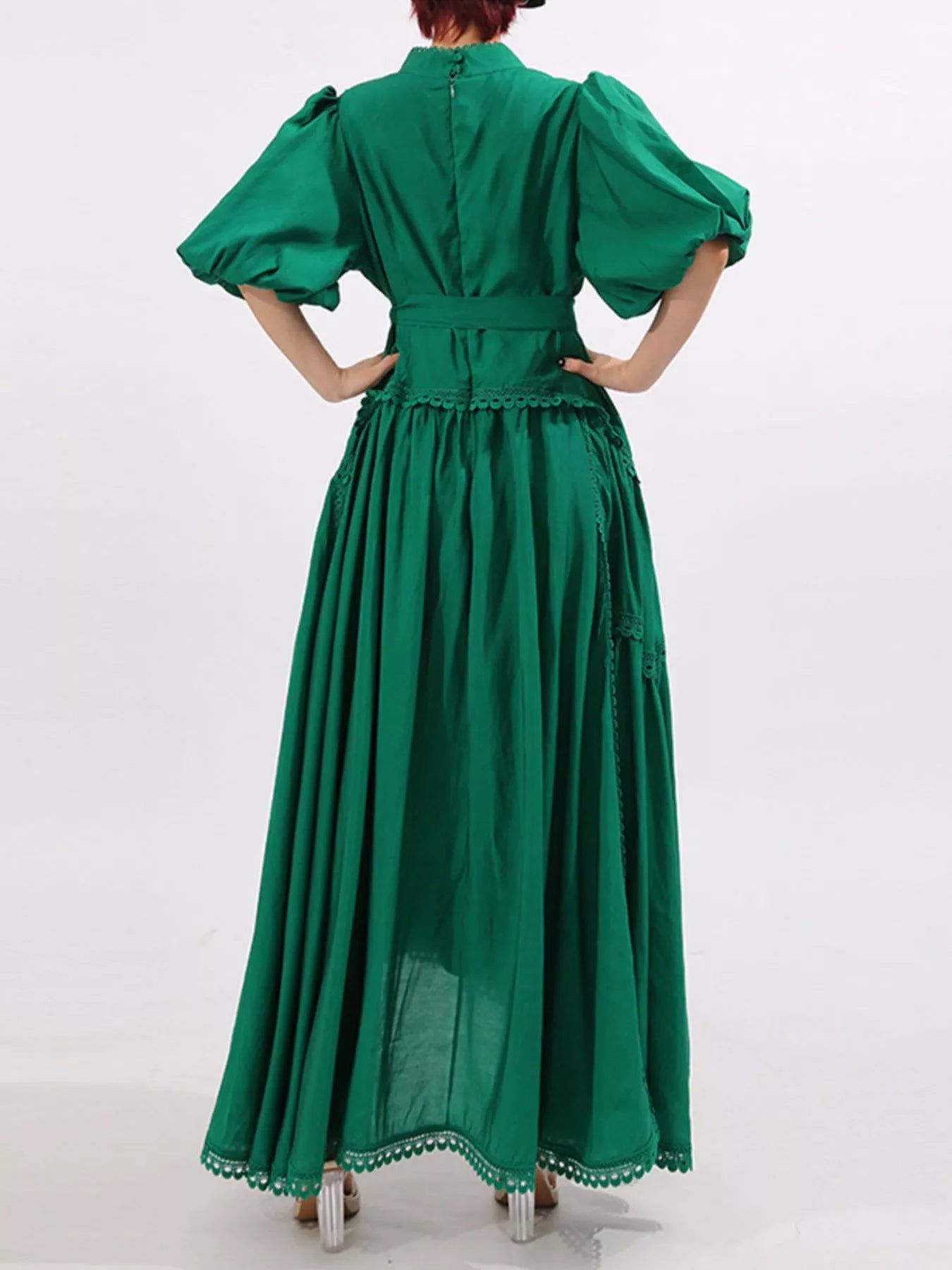 Lace Detail Notched Puff Sleeve Maxi Dress