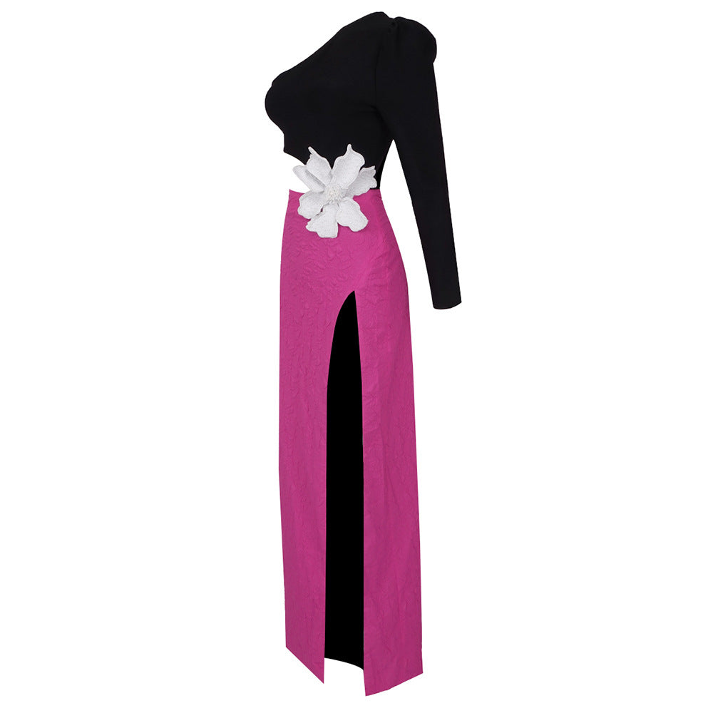 Aronia Beaded Flower One-shoulder Celeb Dress
