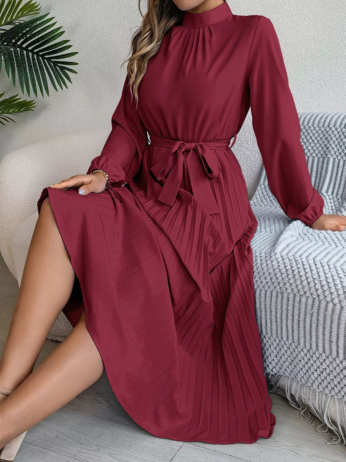 Mock Neck Pleated Midi Dress
