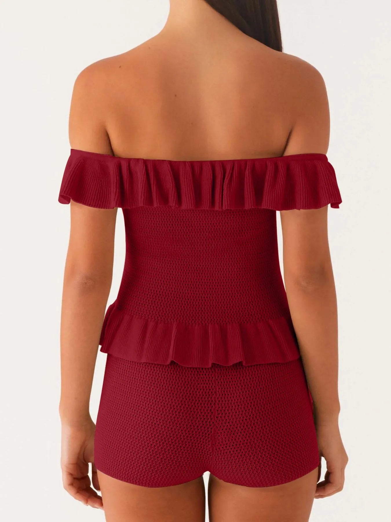 Off-Shoulder Ruffle Top and Shorts Sweater Set