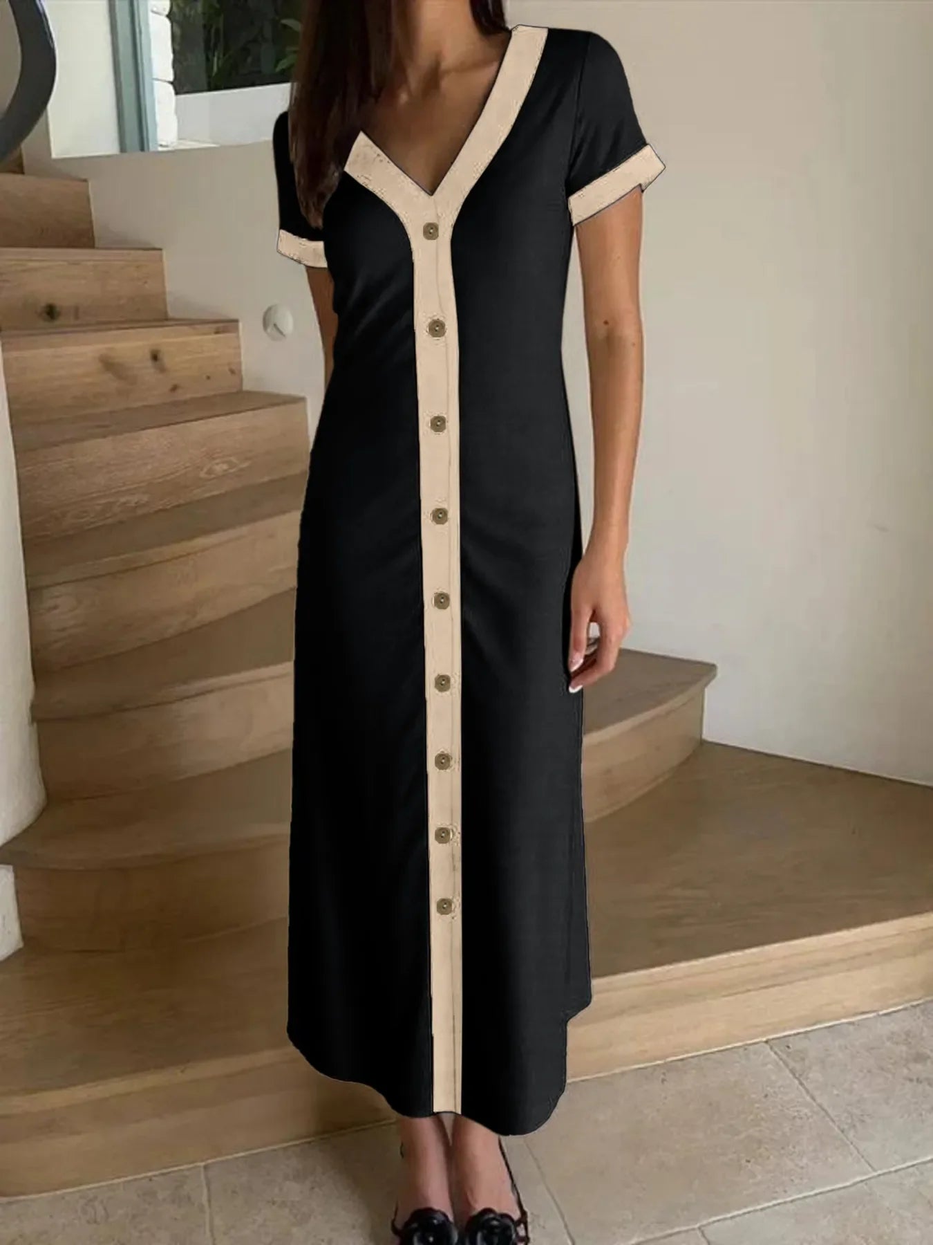 Button-Front Contrast Trim Midi Dress