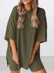 Full Size Oversized Slit Round Neck Top and Shorts Lounge Set Plus Size