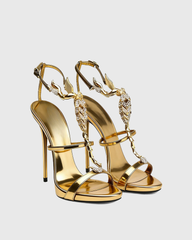 Pia Rhinestone Scorpion Strap Sandals In Gold