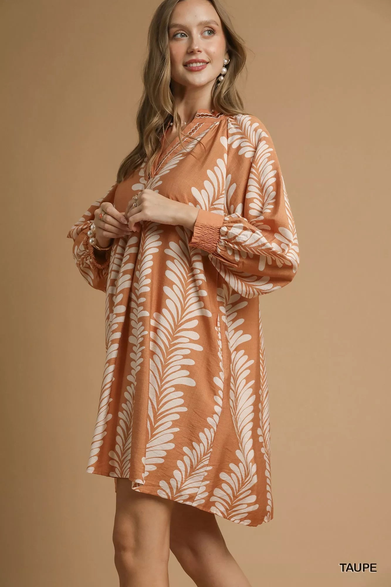 Umgee Leaf Print Notched Mini Babydoll Dress