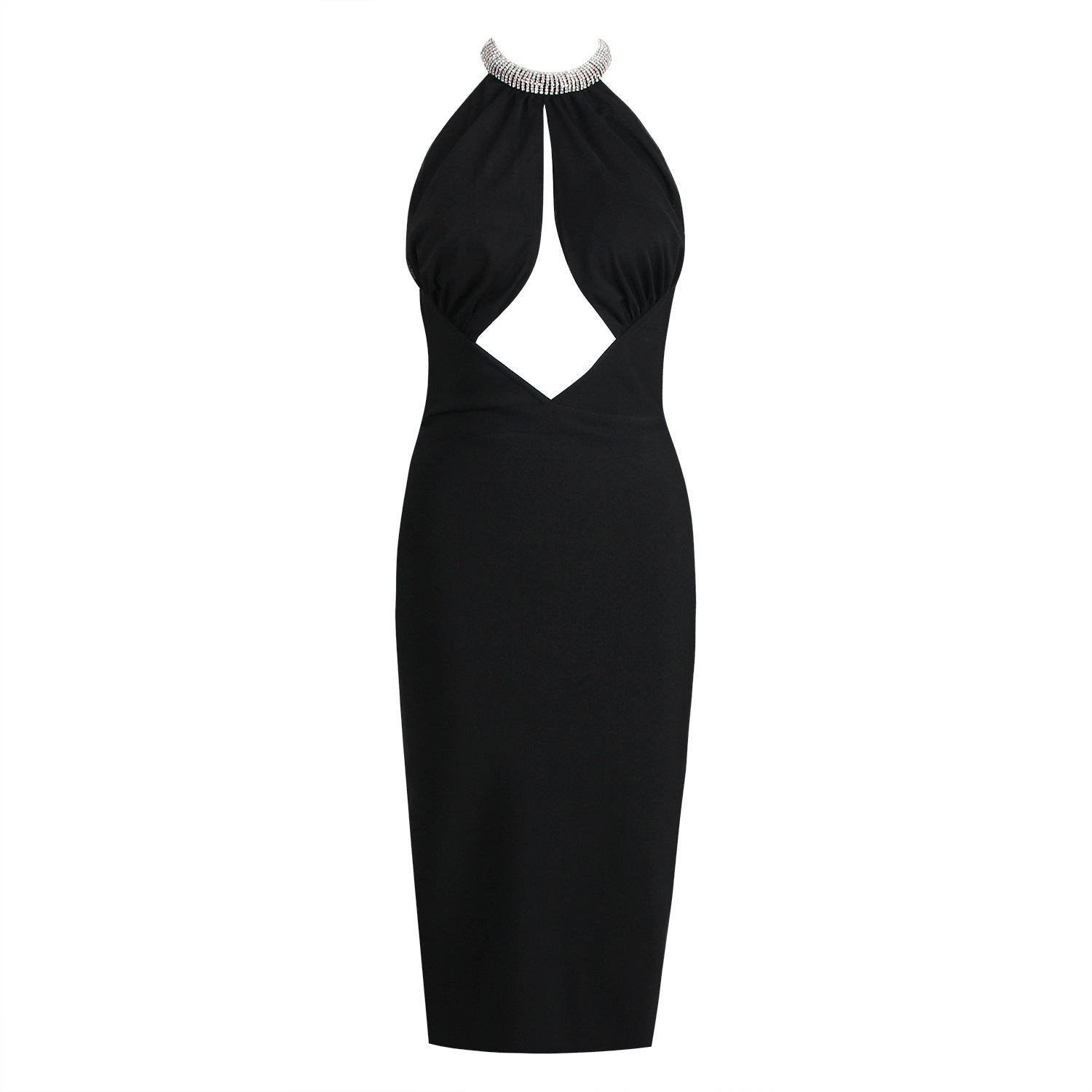 Rhinestone Collar Halter Dress-Black
