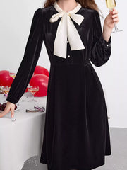 Velvet Bowknot Long Sleeve A-Line Dress