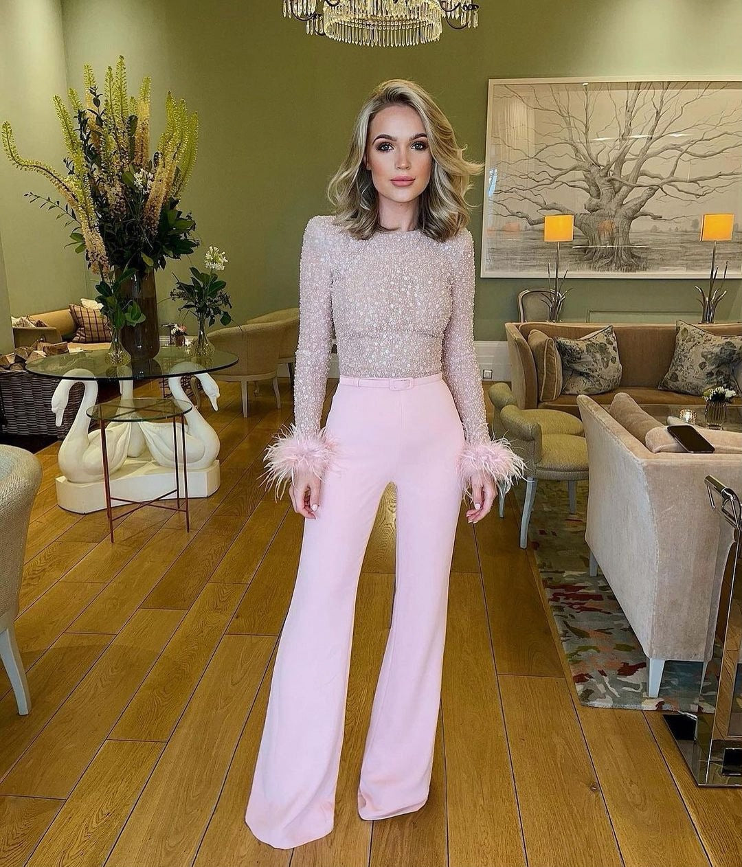 Feather Sequin Patchwork Jumpsuit