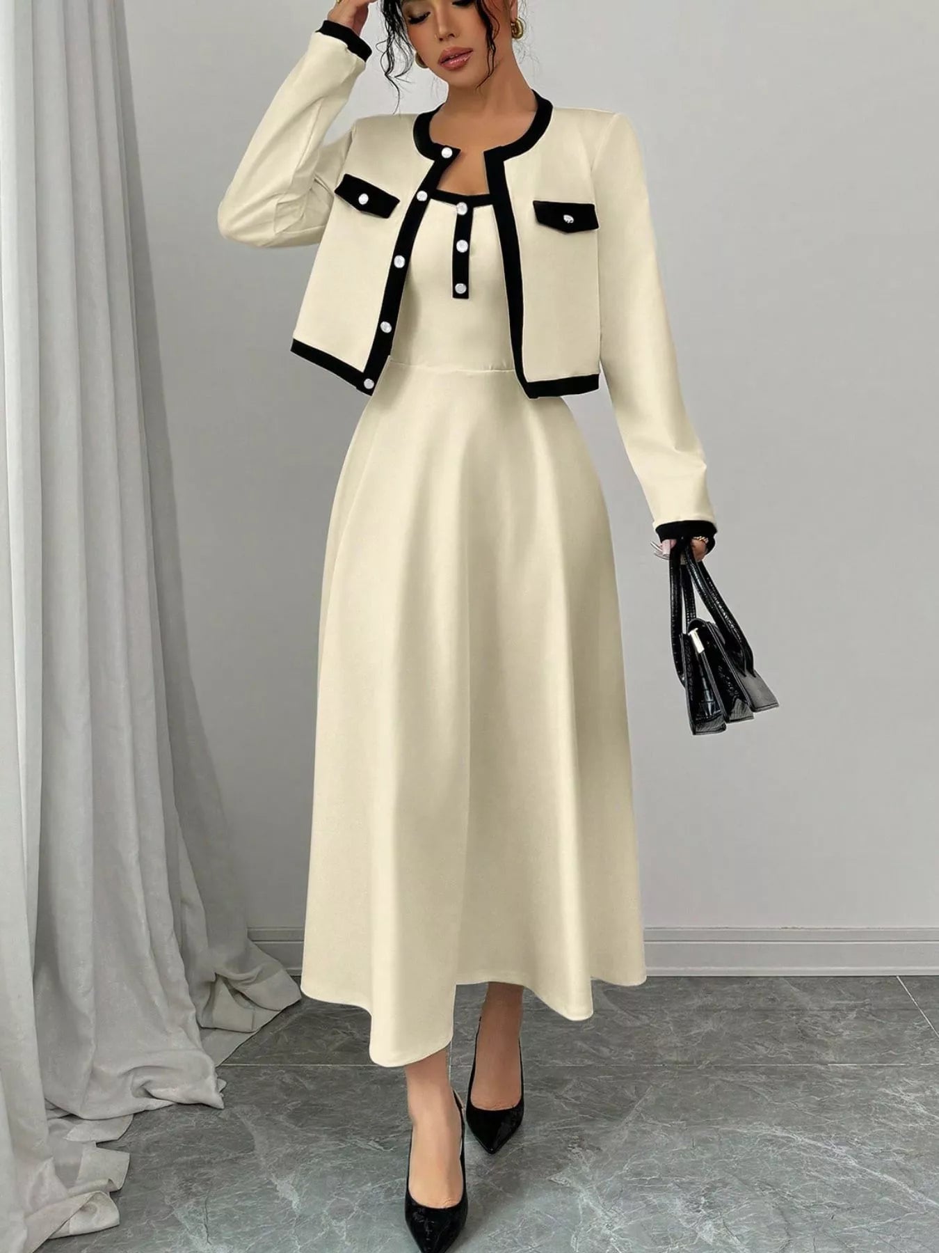 Contrast Trim Maxi Dress and Cropped Cardigan Set