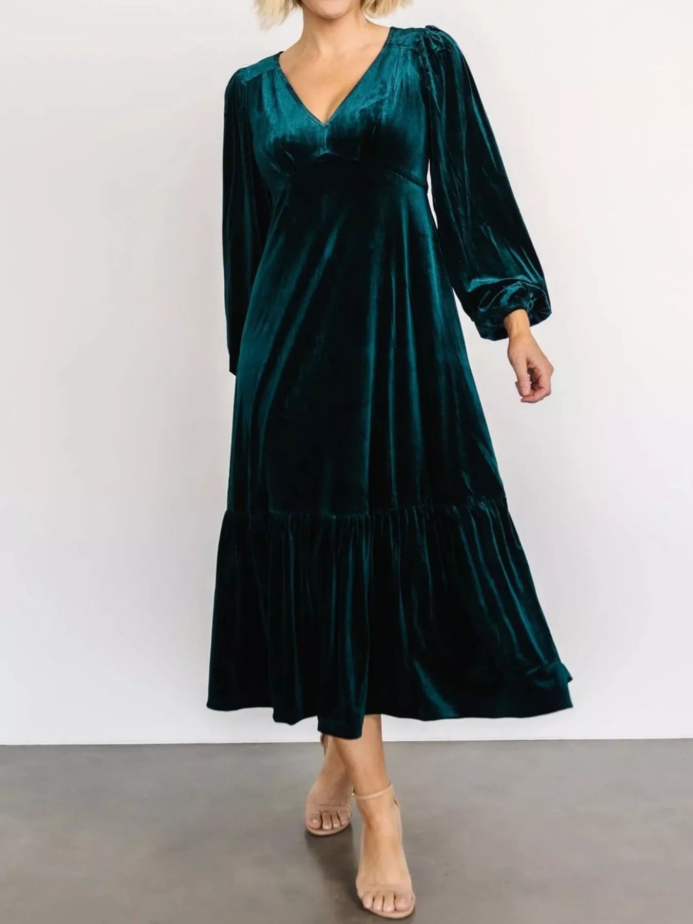 Velvet Tiered Long Sleeve Midi Dress