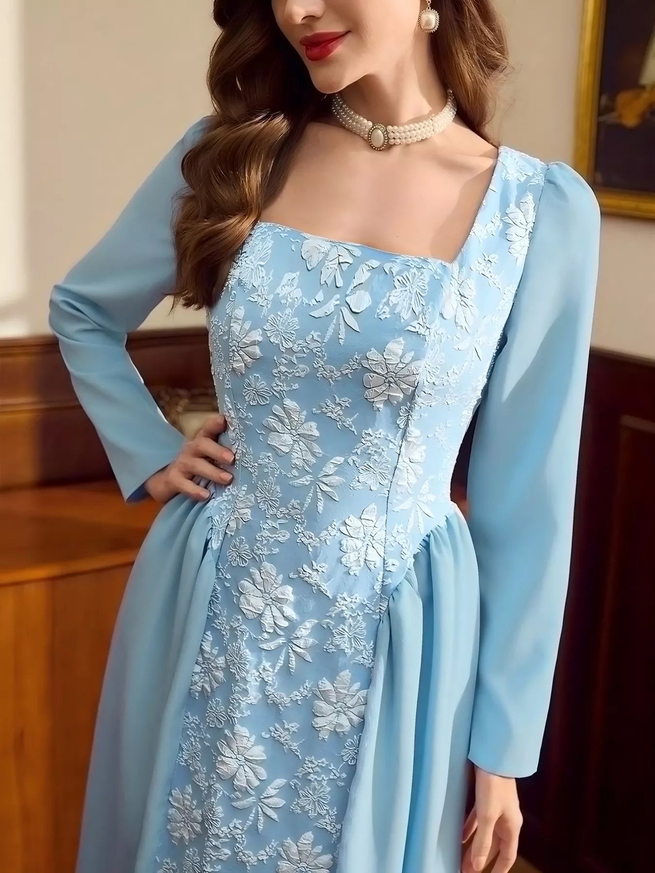 Flower Square Neck Long Sleeve Dress
