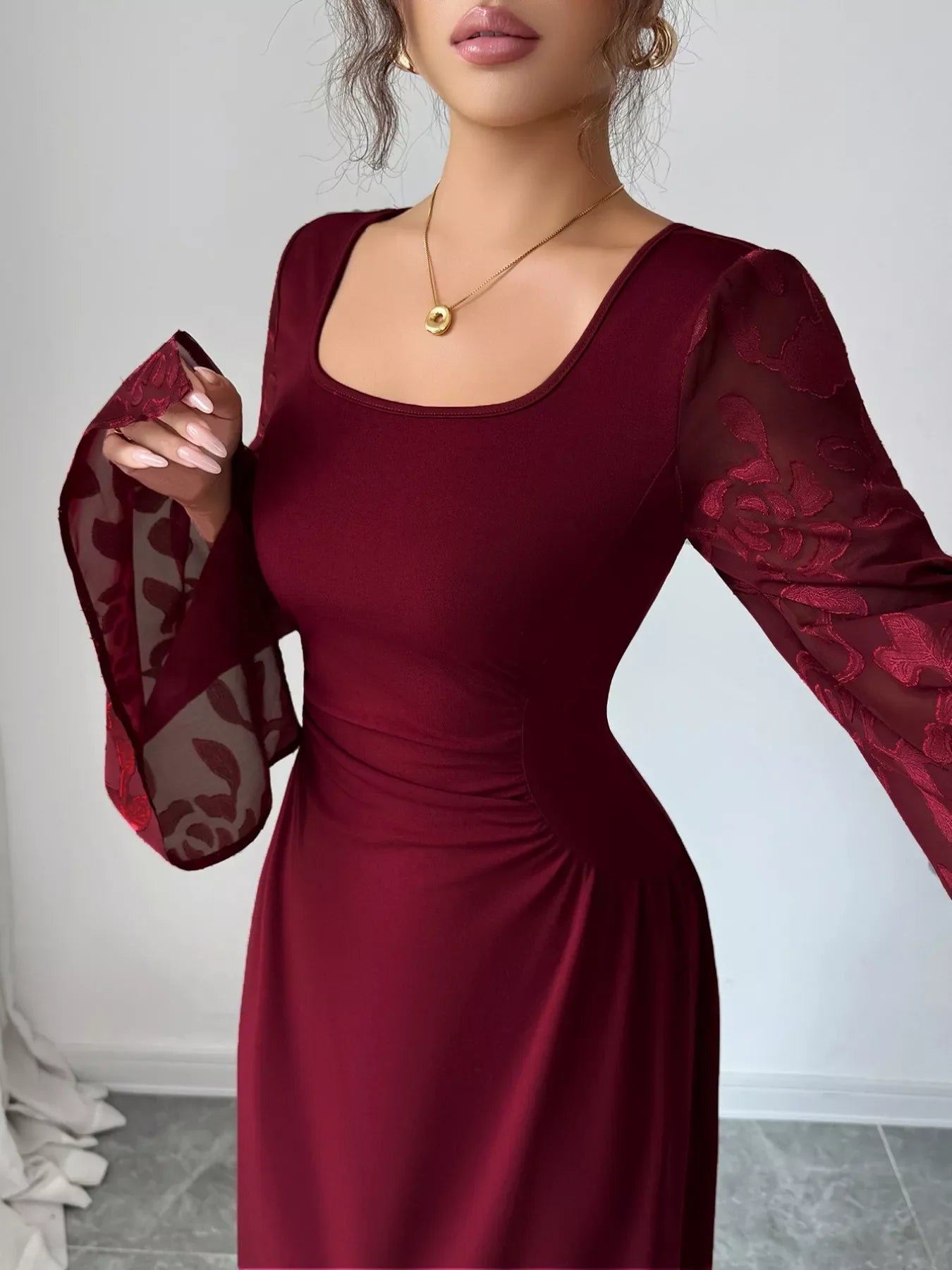 Square Neck Flare Sleeve Midi Dress
