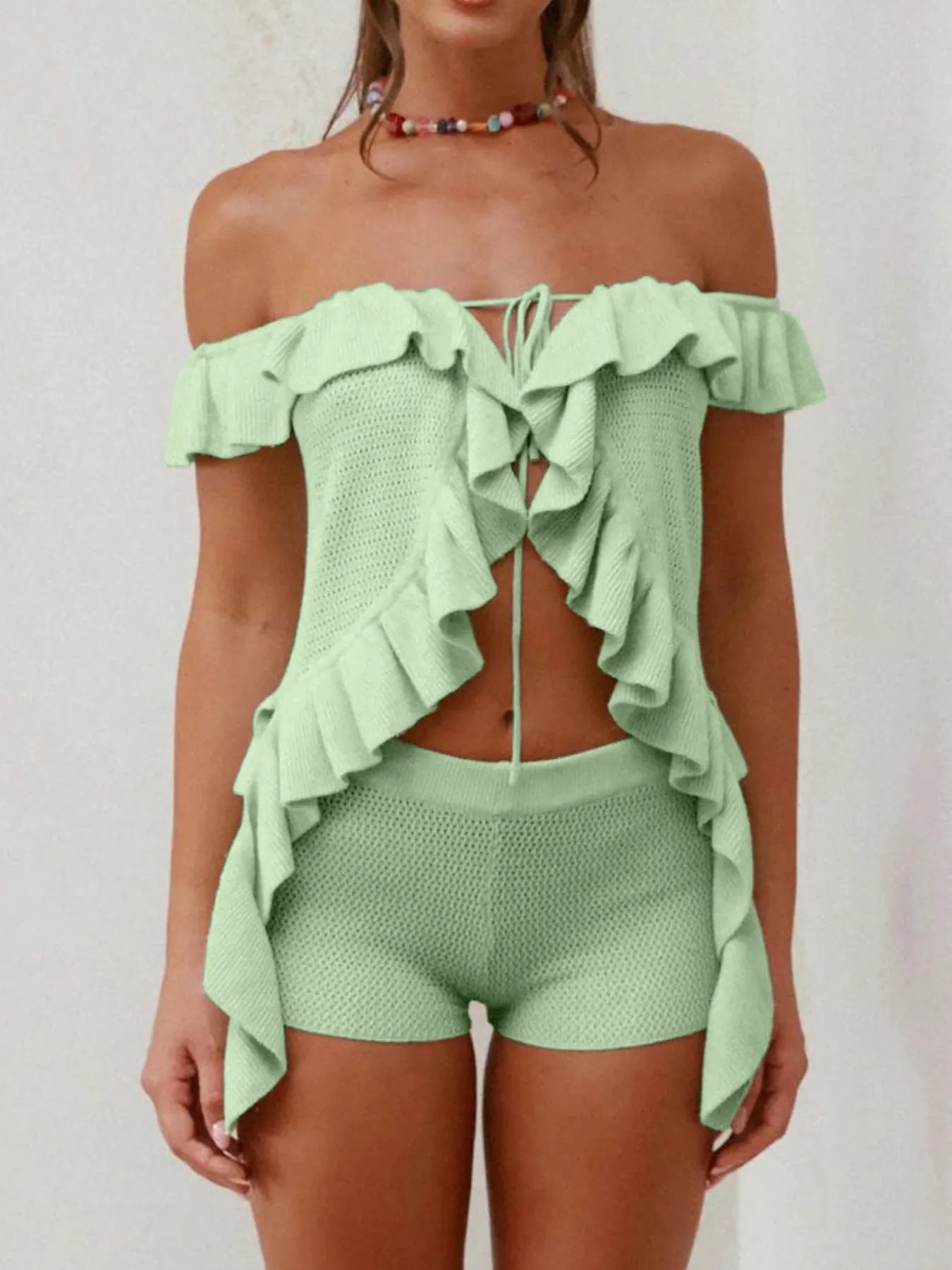 Off-Shoulder Ruffle Top and Shorts Sweater Set