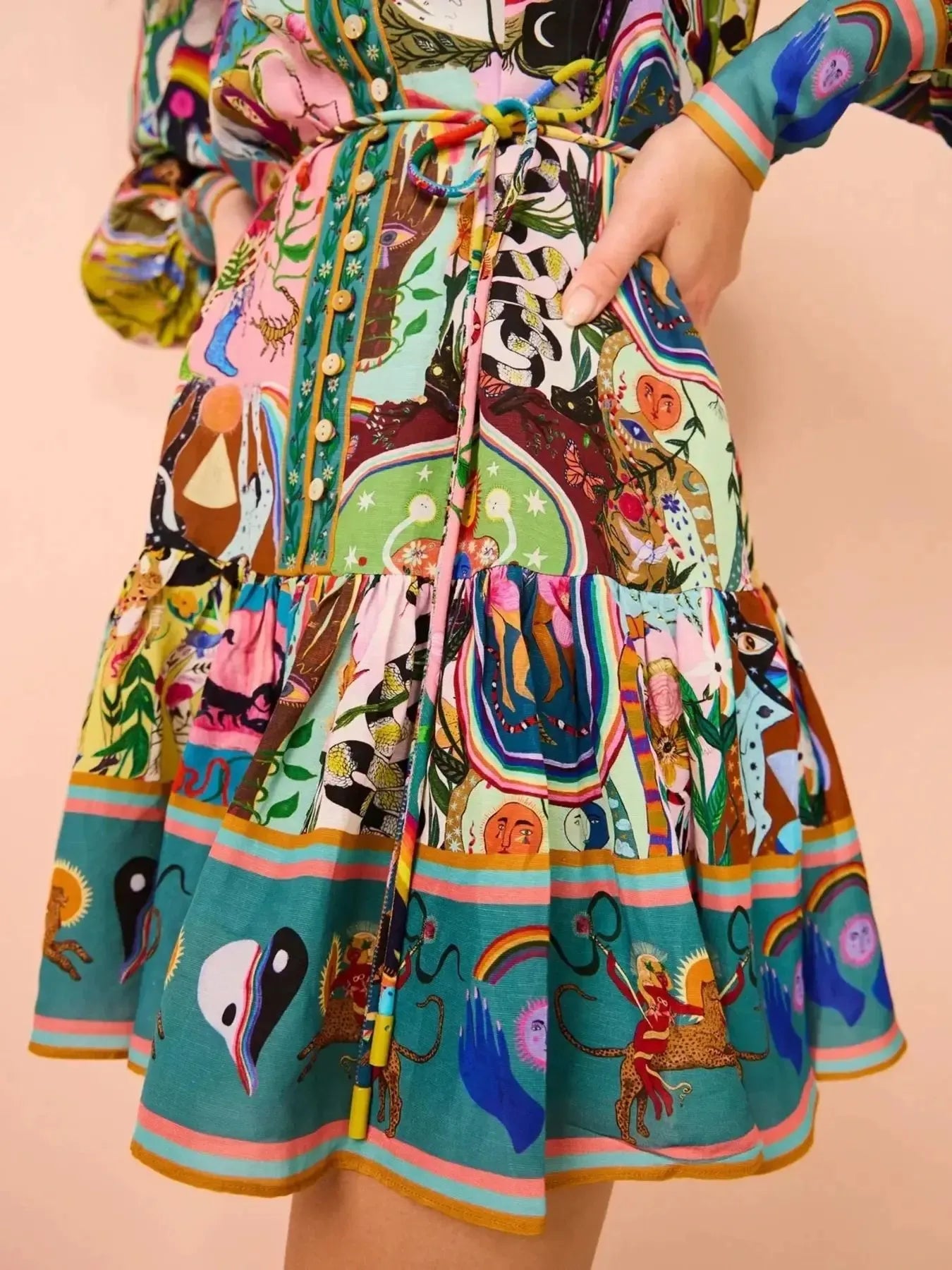 Printed Long Sleeve Mini Dress with Belt