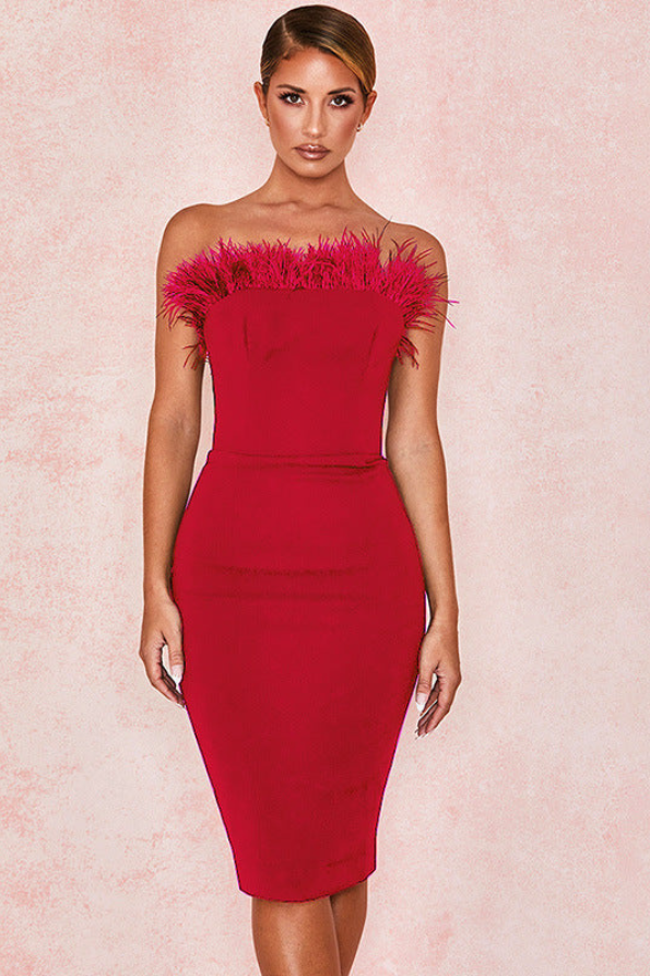 CHIC STRAPLESS FEATHER DRESS