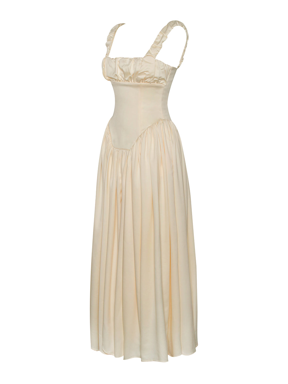 Riola Egg White Satin Drop Waist Maxi Sundress