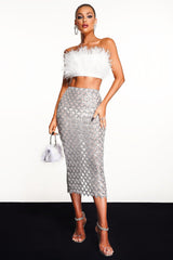 Feather Trim Tube Top and Sequined Sheer Skirt Set