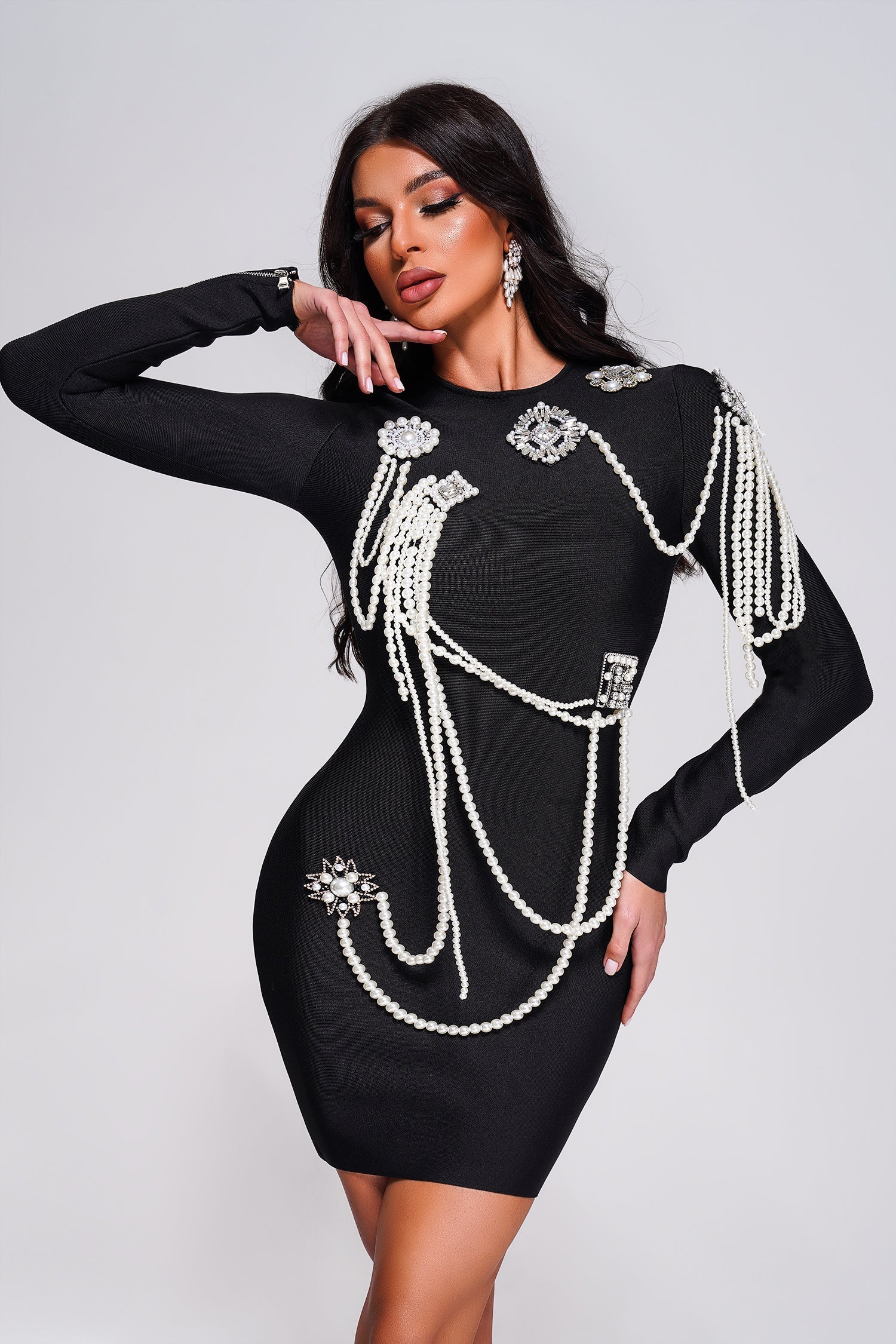 Long Sleeved Slim Golden Velvet Dress