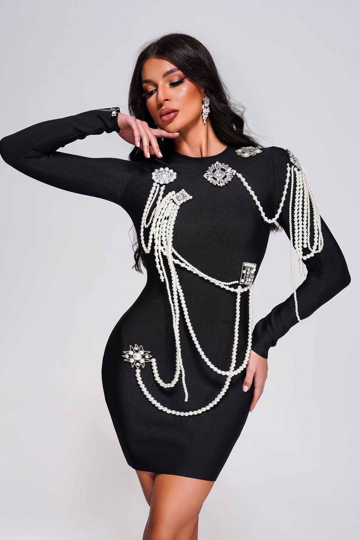 Long Sleeved Slim Golden Velvet Dress