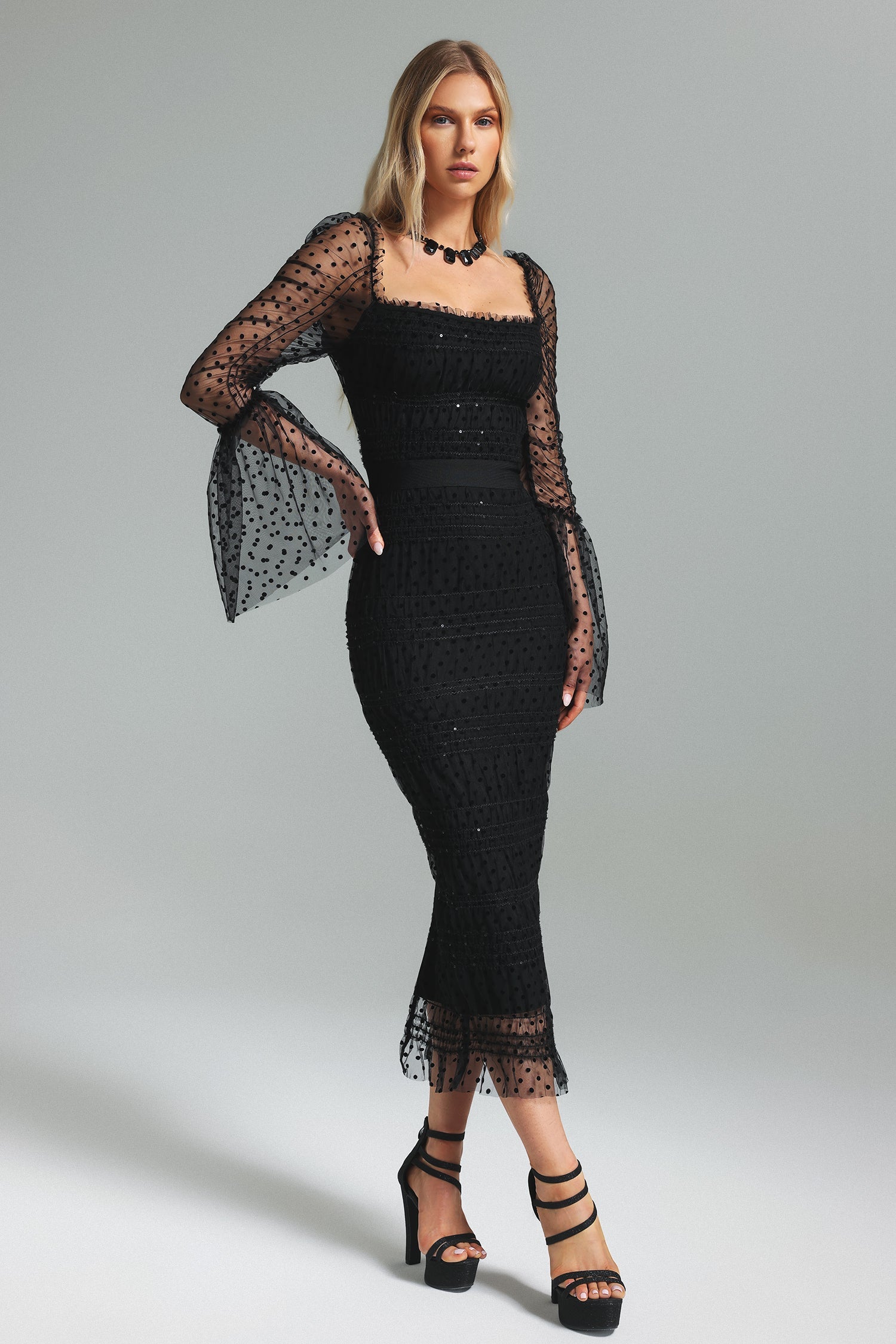 Polka Dot Black Mesh Midi Dress