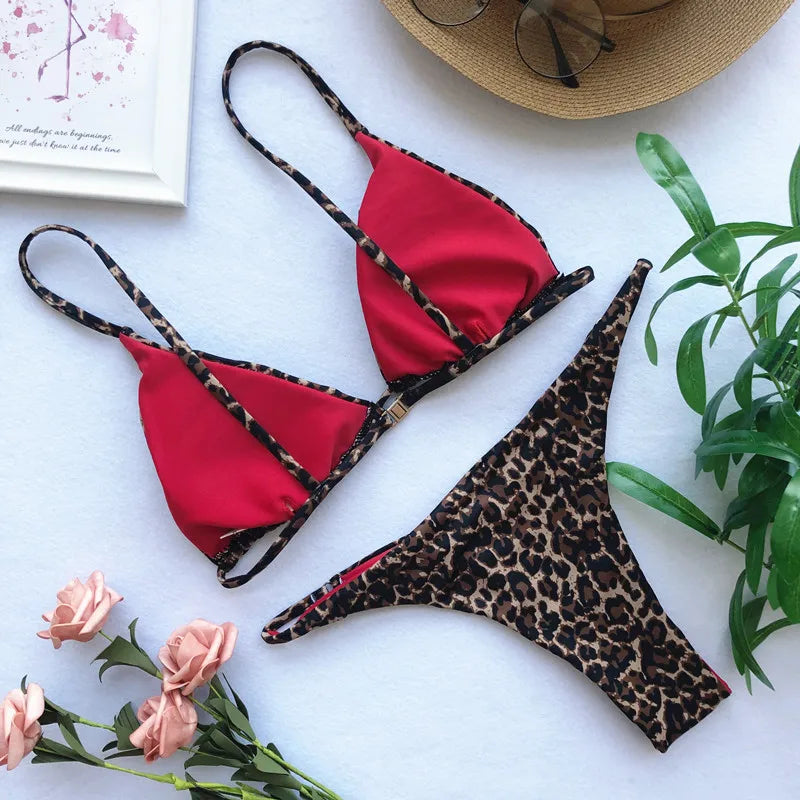Micro Leopard Bikini High Cut  Bandage Push Up Swimsuit Bathing Suit Padded Thong Swimwear