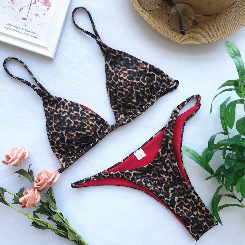 Micro Leopard Bikini High Cut  Bandage Push Up Swimsuit Bathing Suit Padded Thong Swimwear