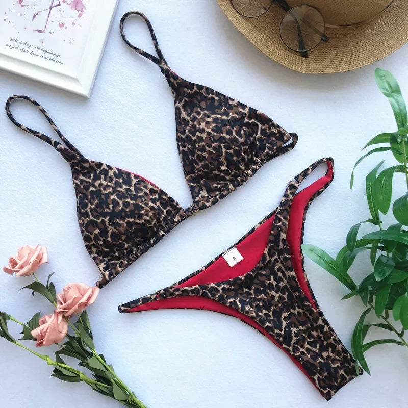Micro Leopard Bikini High Cut  Bandage Push Up Swimsuit Bathing Suit Padded Thong Swimwear