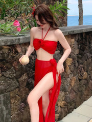 Korean Swimsuit Bikini Red Split Long Skirt Swimsuit Halter 3D Flower Push Up Holiday 3 Piece Swimwear