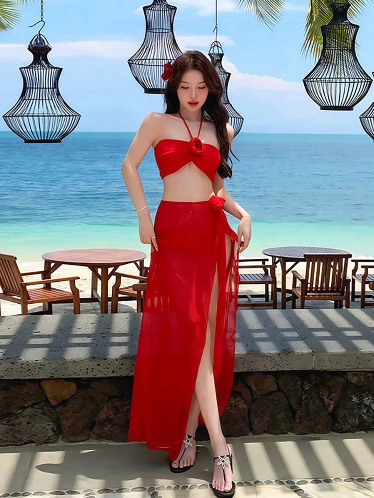 Korean Swimsuit Bikini Red Split Long Skirt Swimsuit Halter 3D Flower Push Up Holiday 3 Piece Swimwear