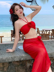 Korean Swimsuit Bikini Red Split Long Skirt Swimsuit Halter 3D Flower Push Up Holiday 3 Piece Swimwear