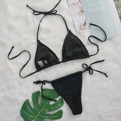 Micro Bikini Black Pearl Two Piece Swimsuit Triangle Backless Bathing Suit Low Waist Thong Drawstring Bikinis BZ125