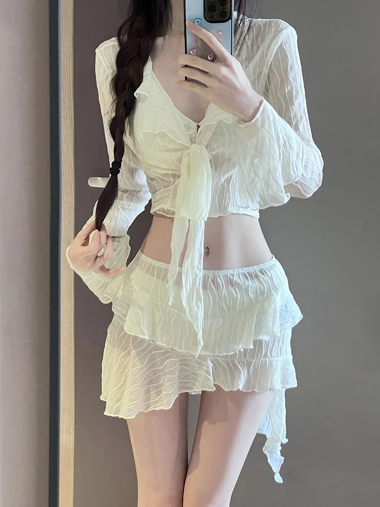 Swimsuit Mesh Long Sleeve Front Tie Cover Up Skirt 4 Piece Bikinis Sets