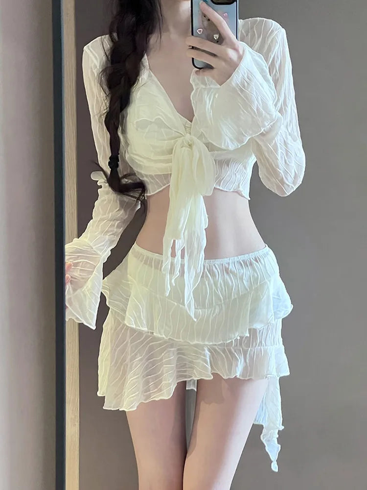 Swimsuit Mesh Long Sleeve Front Tie Cover Up Skirt 4 Piece Bikinis Sets