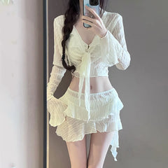 Swimsuit Mesh Long Sleeve Front Tie Cover Up Skirt 4 Piece Bikinis Sets