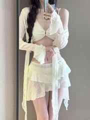 Swimsuit Mesh Long Sleeve Front Tie Cover Up Skirt 4 Piece Bikinis Sets
