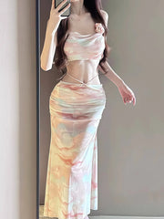 Swimsuit Bikini Pink Gradient 3D Flower Underwire Push Up Crop Top Long Skirt Beach Vacation 3 Piece Swimwear