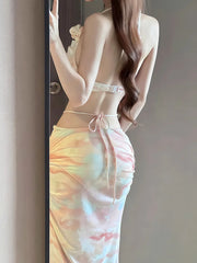 Swimsuit Bikini Pink Gradient 3D Flower Underwire Push Up Crop Top Long Skirt Beach Vacation 3 Piece Swimwear